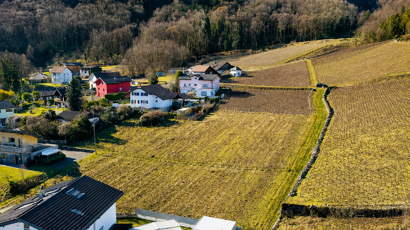Vue aérienne du village et des vignobles aux Évouettes