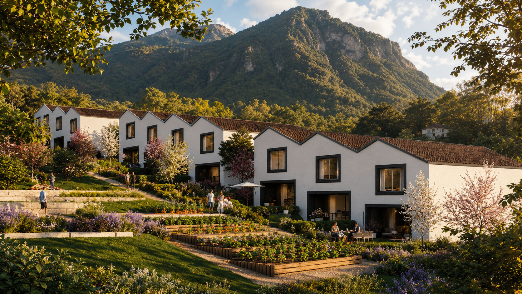 Villas contemporaines au pied de la montagne avec jardin et potager