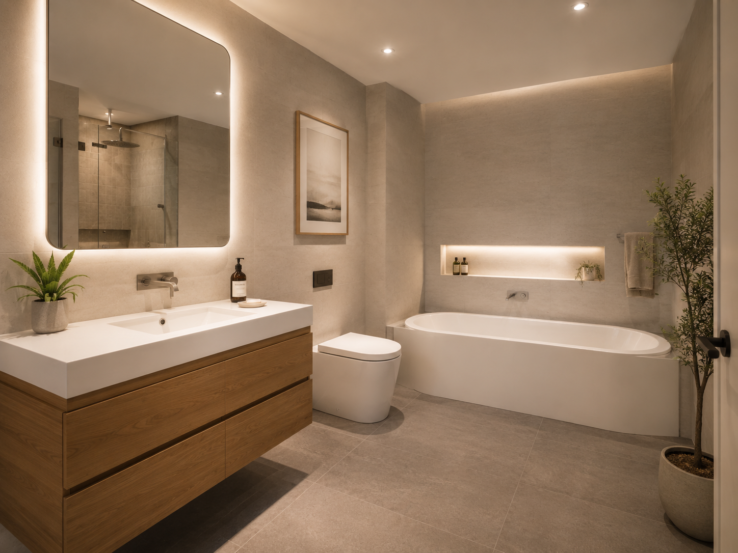 Salle de bain contemporaine avec baignoire et éclairage doux