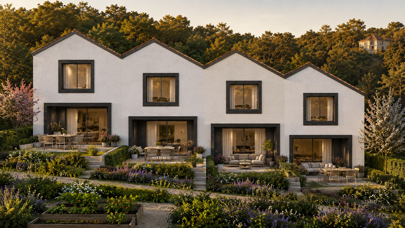 Façade jardin des villas au coucher du soleil