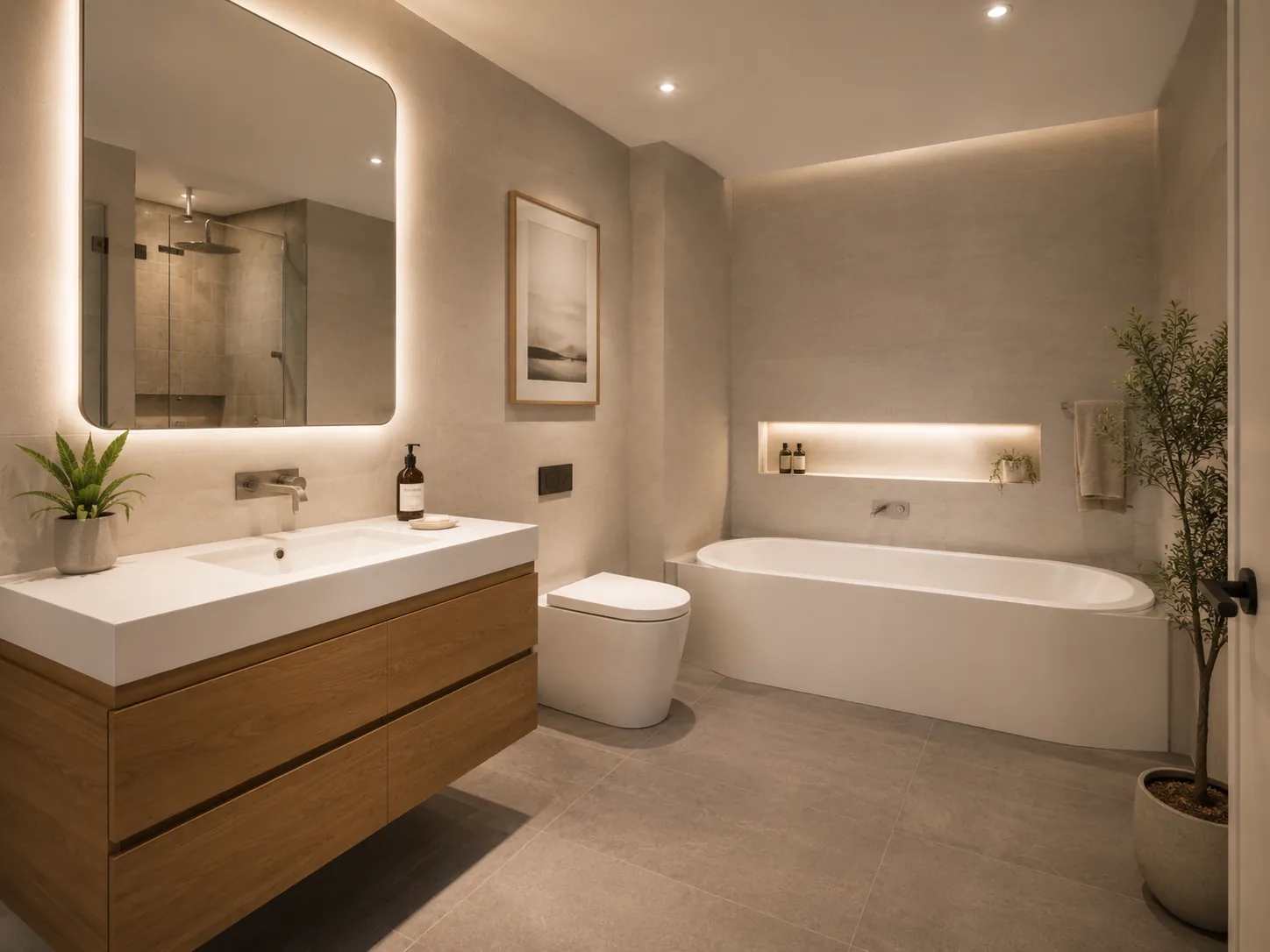 Salle de bain contemporaine avec baignoire et éclairage doux