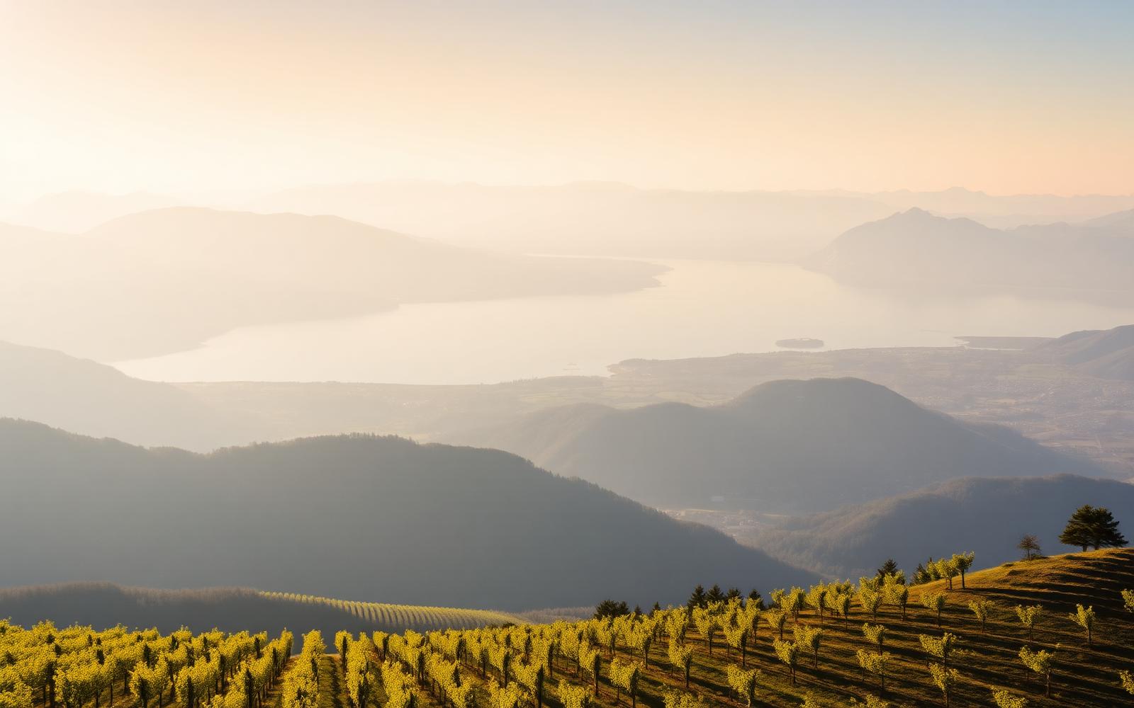Vue aérienne sur la plaine du Rhône et le vignoble valaisan